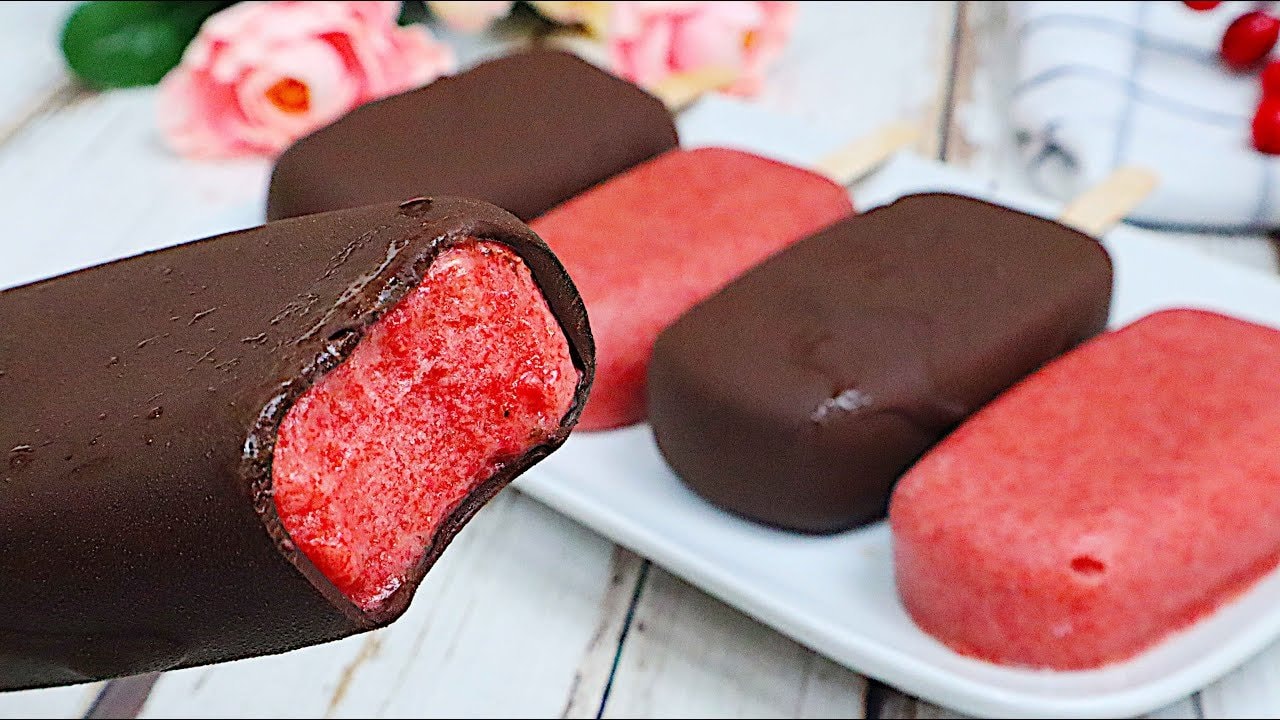 2-Ingredient Strawberry Banana Chocolate Popsicles — Frozen popsicles blended from ripe banana and strawberries, dipped in melted dar