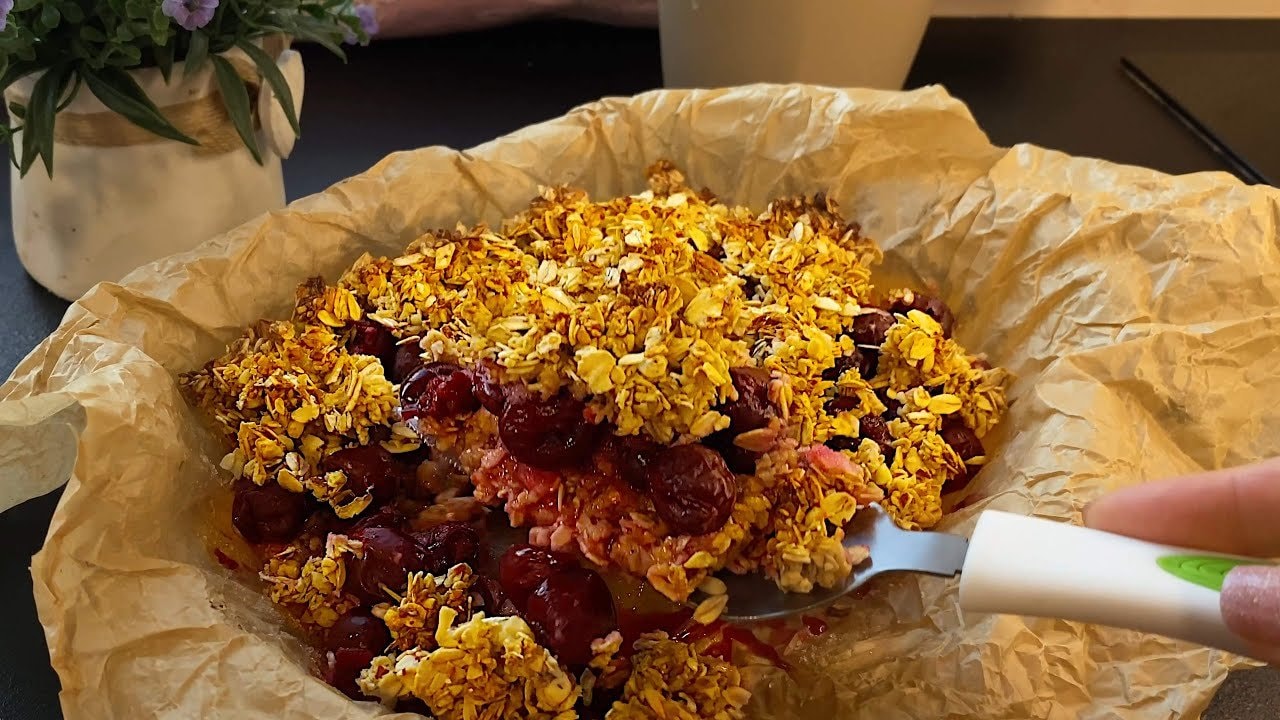 Sugar-Free Almond Oat Cherry Crumble — Warming crumble with a toasted almond-oat base, a syrup-sweetened cherry layer a