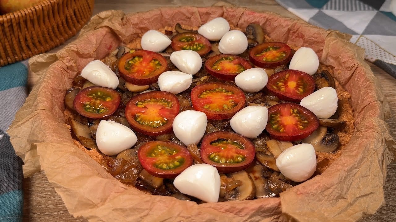 Lentil Crust Mushroom Mozzarella Pizza (GF) — Flour-free pizza with a psyllium-bound lentil crust, topped with pan-fried mushr