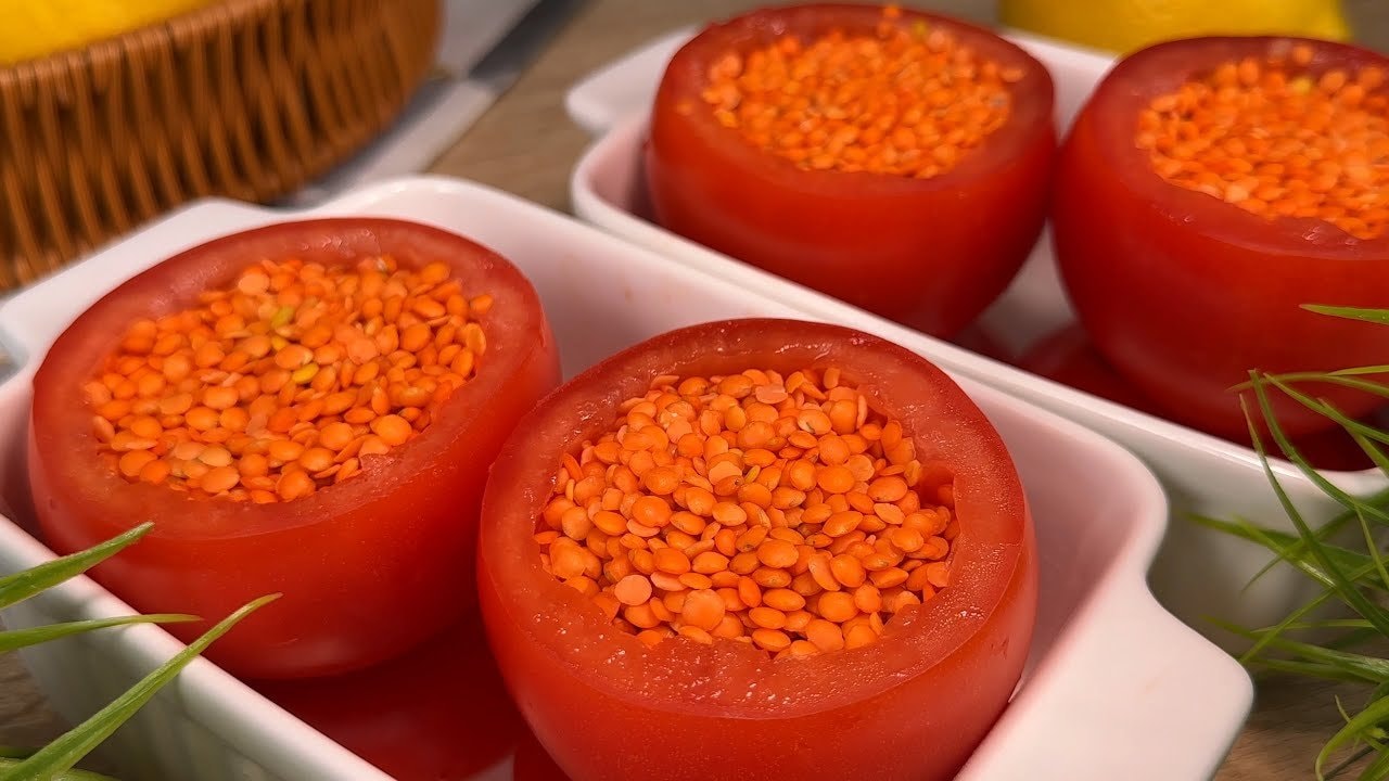 Stuffed Tomatoes with Lentil Caper Filling — Whole tomatoes filled with a savory lentil-caper-paprika mixture, oven-baked wit