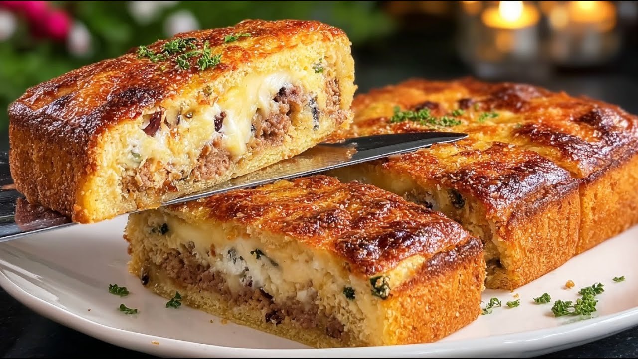 Empanada keto de ternera, espinacas y almendras (alta en proteínas) — Empanada keto salada con masa de almendras y kéfir en capas con carne picada esp