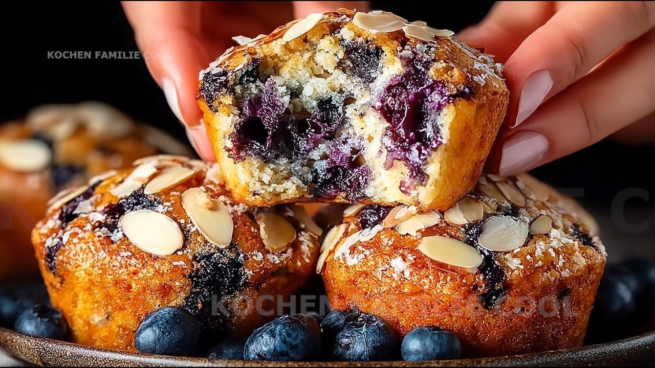 Greek Yogurt Blueberry Keto Muffins (No Flour) — Tender almond-flour muffins bursting with blueberries, toasted walnuts and a tou